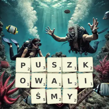 Kreatywna ilustracja do gry w Scrabble ze słowem PUSZKOWALIŚMY ułożonym z płytek na planszy.