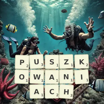 Kreatywna ilustracja do gry w Scrabble ze słowem PUSZKOWANIACH ułożonym z płytek na planszy.