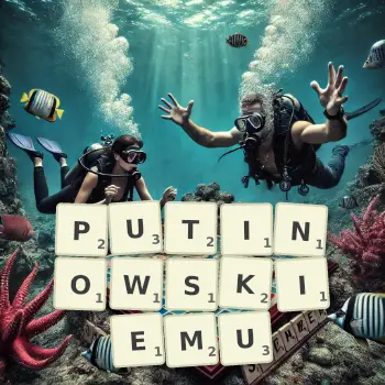 Kreatywna ilustracja do gry w Scrabble ze słowem PUTINOWSKIEMU ułożonym z płytek na planszy.