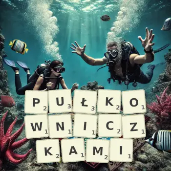 Kreatywna ilustracja do gry w Scrabble ze słowem PUŁKOWNICZKAMI ułożonym z płytek na planszy.