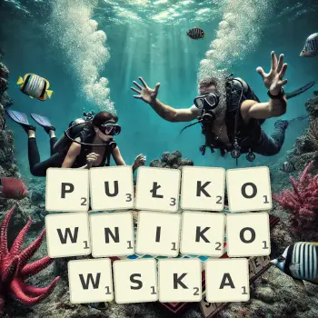 Kreatywna ilustracja do gry w Scrabble ze słowem PUŁKOWNIKOWSKA ułożonym z płytek na planszy.