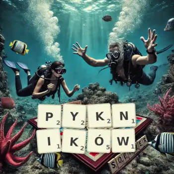 Kreatywna ilustracja do gry w Scrabble ze słowem PYKNIKÓW ułożonym z płytek na planszy.