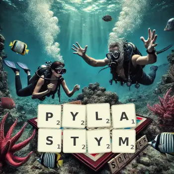 Kreatywna ilustracja do gry w Scrabble ze słowem PYLASTYM ułożonym z płytek na planszy.