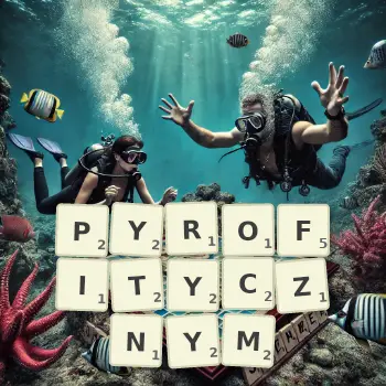 Kreatywna ilustracja do gry w Scrabble ze słowem PYROFITYCZNYM ułożonym z płytek na planszy.