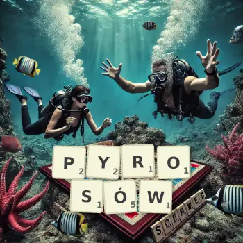 Kreatywna ilustracja do gry w Scrabble ze słowem PYROSÓW ułożonym z płytek na planszy.