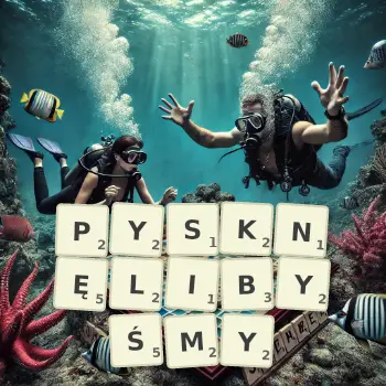 Kreatywna ilustracja do gry w Scrabble ze słowem PYSKNĘLIBYŚMY ułożonym z płytek na planszy.