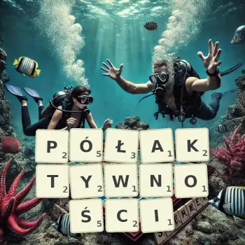 Kreatywna ilustracja do gry w Scrabble ze słowem PÓŁAKTYWNOŚCI ułożonym z płytek na planszy.
