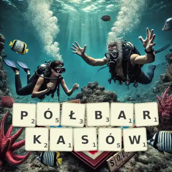 Kreatywna ilustracja do gry w Scrabble ze słowem PÓŁBARKASÓW ułożonym z płytek na planszy.