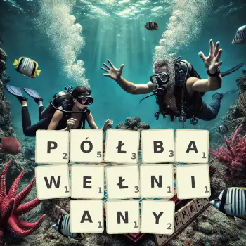 Kreatywna ilustracja do gry w Scrabble ze słowem PÓŁBAWEŁNIANY ułożonym z płytek na planszy.