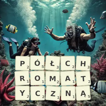Kreatywna ilustracja do gry w Scrabble ze słowem PÓŁCHROMATYCZNĄ ułożonym z płytek na planszy.