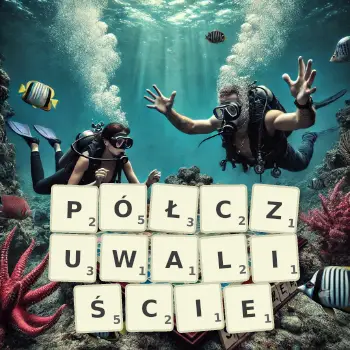 Kreatywna ilustracja do gry w Scrabble ze słowem PÓŁCZUWALIŚCIE ułożonym z płytek na planszy.