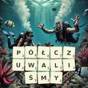 Kreatywna ilustracja do gry w Scrabble ze słowem PÓŁCZUWALIŚMY ułożonym z płytek na planszy.