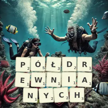 Kreatywna ilustracja do gry w Scrabble ze słowem PÓŁDREWNIANYCH ułożonym z płytek na planszy.