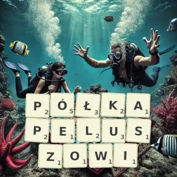 Kreatywna ilustracja do gry w Scrabble ze słowem PÓŁKAPELUSZOWI ułożonym z płytek na planszy.