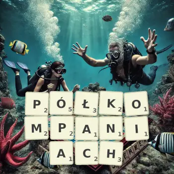 Kreatywna ilustracja do gry w Scrabble ze słowem PÓŁKOMPANIACH ułożonym z płytek na planszy.