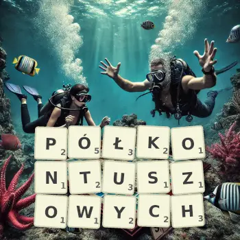 Kreatywna ilustracja do gry w Scrabble ze słowem PÓŁKONTUSZOWYCH ułożonym z płytek na planszy.