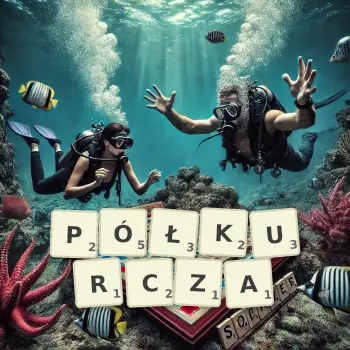 Kreatywna ilustracja do gry w Scrabble ze słowem PÓŁKURCZA ułożonym z płytek na planszy.