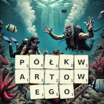 Kreatywna ilustracja do gry w Scrabble ze słowem PÓŁKWARTOWEGO ułożonym z płytek na planszy.