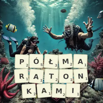 Kreatywna ilustracja do gry w Scrabble ze słowem PÓŁMARATONKAMI ułożonym z płytek na planszy.