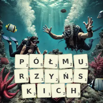Kreatywna ilustracja do gry w Scrabble ze słowem PÓŁMURZYŃSKICH ułożonym z płytek na planszy.