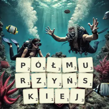 Kreatywna ilustracja do gry w Scrabble ze słowem PÓŁMURZYŃSKIEJ ułożonym z płytek na planszy.