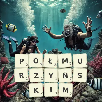 Kreatywna ilustracja do gry w Scrabble ze słowem PÓŁMURZYŃSKIM ułożonym z płytek na planszy.
