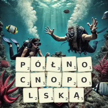 Kreatywna ilustracja do gry w Scrabble ze słowem PÓŁNOCNOPOLSKĄ ułożonym z płytek na planszy.