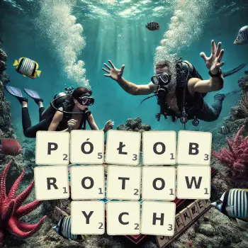 Kreatywna ilustracja do gry w Scrabble ze słowem PÓŁOBROTOWYCH ułożonym z płytek na planszy.