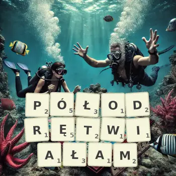 Kreatywna ilustracja do gry w Scrabble ze słowem PÓŁODRĘTWIAŁAM ułożonym z płytek na planszy.