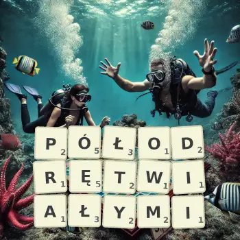 Kreatywna ilustracja do gry w Scrabble ze słowem PÓŁODRĘTWIAŁYMI ułożonym z płytek na planszy.
