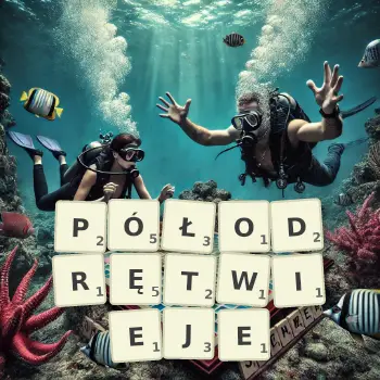 Kreatywna ilustracja do gry w Scrabble ze słowem PÓŁODRĘTWIEJE ułożonym z płytek na planszy.