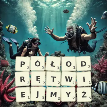 Kreatywna ilustracja do gry w Scrabble ze słowem PÓŁODRĘTWIEJMYŻ ułożonym z płytek na planszy.