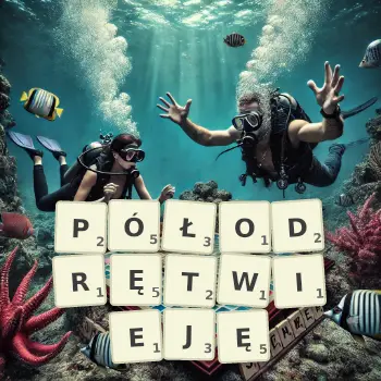 Kreatywna ilustracja do gry w Scrabble ze słowem PÓŁODRĘTWIEJĘ ułożonym z płytek na planszy.