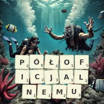 Kreatywna ilustracja do gry w Scrabble ze słowem PÓŁOFICJALNEMU ułożonym z płytek na planszy.