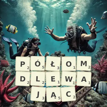 Kreatywna ilustracja do gry w Scrabble ze słowem PÓŁOMDLEWAJĄC ułożonym z płytek na planszy.
