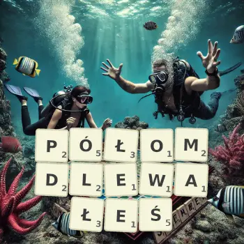 Kreatywna ilustracja do gry w Scrabble ze słowem PÓŁOMDLEWAŁEŚ ułożonym z płytek na planszy.