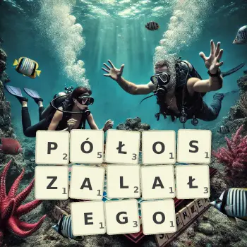 Kreatywna ilustracja do gry w Scrabble ze słowem PÓŁOSZALAŁEGO ułożonym z płytek na planszy.