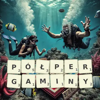 Kreatywna ilustracja do gry w Scrabble ze słowem PÓŁPERGAMINY ułożonym z płytek na planszy.