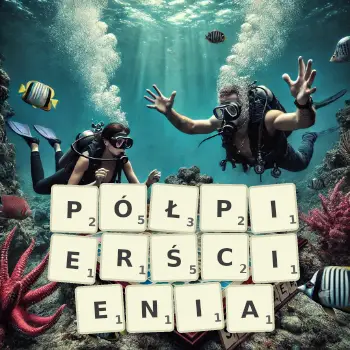 Kreatywna ilustracja do gry w Scrabble ze słowem PÓŁPIERŚCIENIA ułożonym z płytek na planszy.