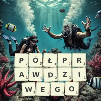 Kreatywna ilustracja do gry w Scrabble ze słowem PÓŁPRAWDZIWEGO ułożonym z płytek na planszy.
