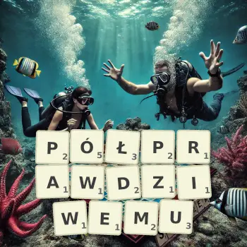 Kreatywna ilustracja do gry w Scrabble ze słowem PÓŁPRAWDZIWEMU ułożonym z płytek na planszy.