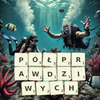 Kreatywna ilustracja do gry w Scrabble ze słowem PÓŁPRAWDZIWYCH ułożonym z płytek na planszy.