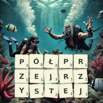 Kreatywna ilustracja do gry w Scrabble ze słowem PÓŁPRZEJRZYSTEJ ułożonym z płytek na planszy.