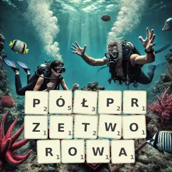 Kreatywna ilustracja do gry w Scrabble ze słowem PÓŁPRZETWOROWA ułożonym z płytek na planszy.