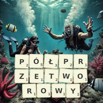 Kreatywna ilustracja do gry w Scrabble ze słowem PÓŁPRZETWOROWY ułożonym z płytek na planszy.