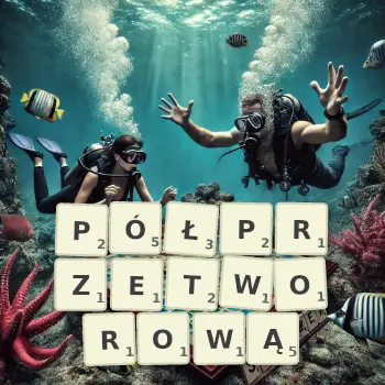 Kreatywna ilustracja do gry w Scrabble ze słowem PÓŁPRZETWOROWĄ ułożonym z płytek na planszy.