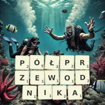 Kreatywna ilustracja do gry w Scrabble ze słowem PÓŁPRZEWODNIKA ułożonym z płytek na planszy.