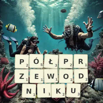 Kreatywna ilustracja do gry w Scrabble ze słowem PÓŁPRZEWODNIKU ułożonym z płytek na planszy.