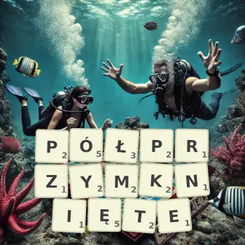 Kreatywna ilustracja do gry w Scrabble ze słowem PÓŁPRZYMKNIĘTE ułożonym z płytek na planszy.