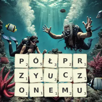 Kreatywna ilustracja do gry w Scrabble ze słowem PÓŁPRZYUCZONEMU ułożonym z płytek na planszy.